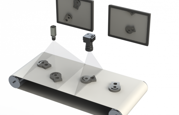 Close-up of a machine vision camera scanning products.