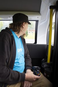 Robotics Adademy student Juha Aalto drives the Robo with a joystick.