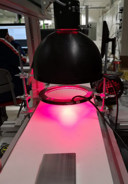 The picture shows a lighting solution with a large black diffuse dome that produces pink light.