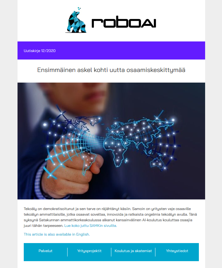 Kk Etusivu Kuvassa kuvakaappaus RoboAI:n uutiskirjeestä 4/2020