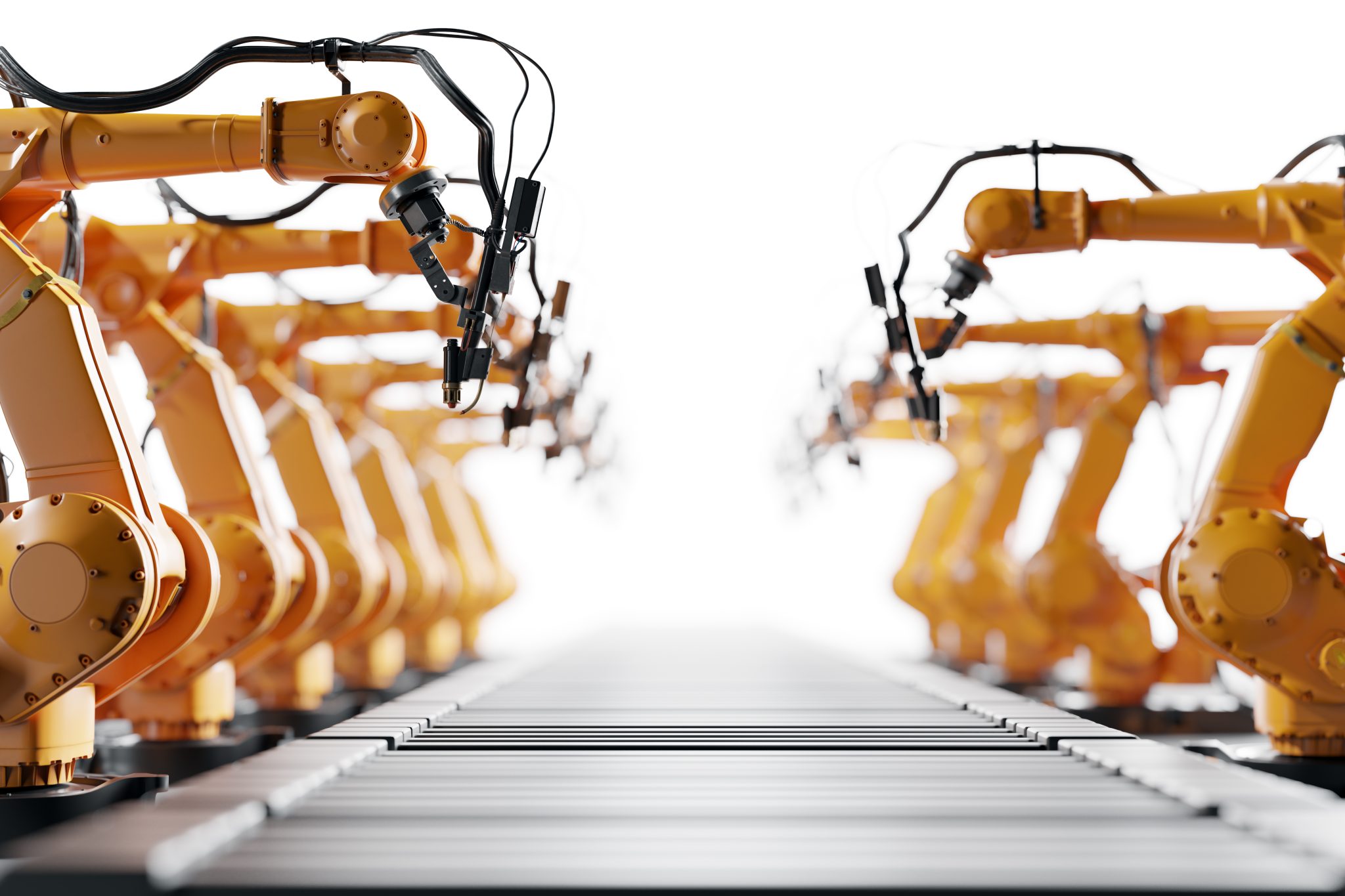 Shutterstock 1661001847 Teollisuusrobotteja rivissä.