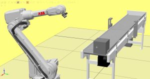 Simulaatiokuva automaatioratkaisusta, jossa robotti skannaa kappaleen liukuhihnalla.