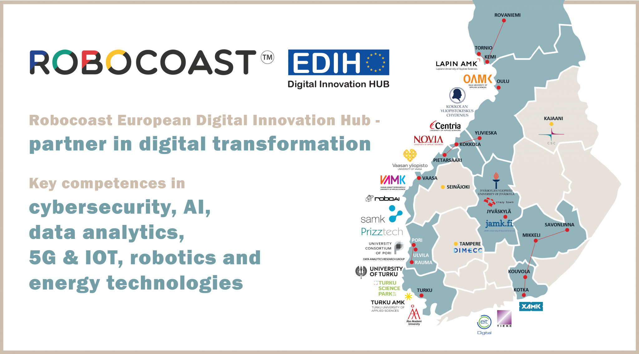 Suomen kartta, jossa kaikki Robocoast EDIHin organisaatiot, kuvituskuva.