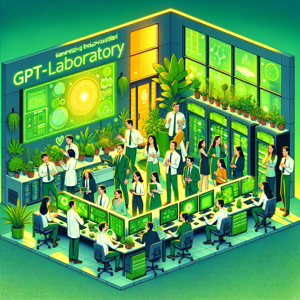 Tekoälyn tuottama kuva esittää Tampereen yliopiston Porin kampuksen GPT-laboratorion eloisassa, vihreässä teemassa.