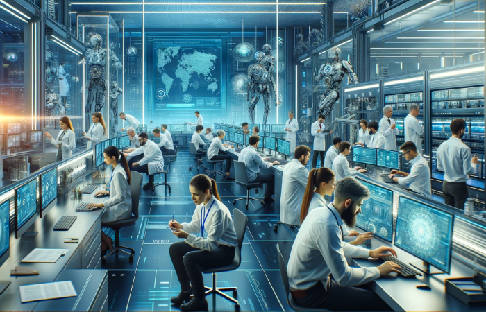 Tekoälyllä tuotettu kuva futuristisesta laboratoriosta, jossa ihmiset työskentelevät tietokoneillaan.