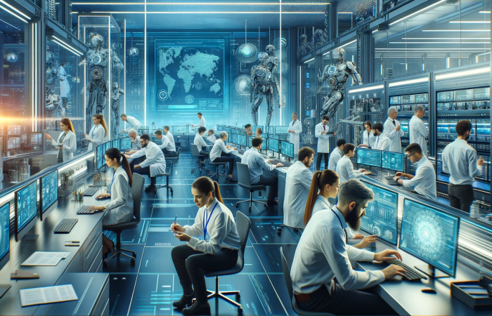 Kuvan lähde: Janne Harjamäki + Petri Rantanen + ChatGPT + DALL-3 (5.1.2024) Tekoälyllä tuotettu kuva futuristisesta laboratoriosta, jossa ihmiset työskentelevät tietokoneillaan.