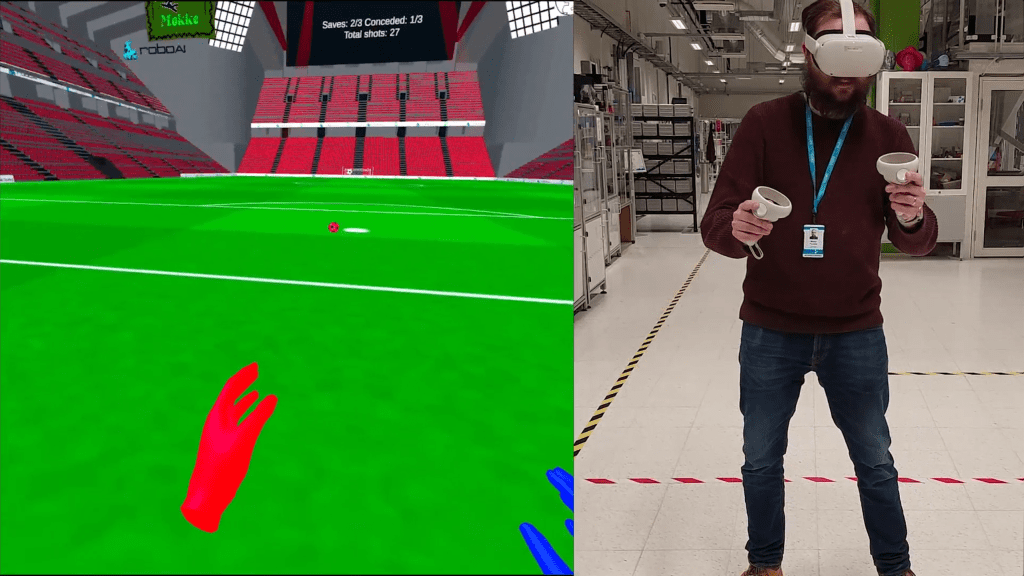 The picture shows two images side by side, with a screenshot of the game on the left and a man playing the game with VR glasses on the right.