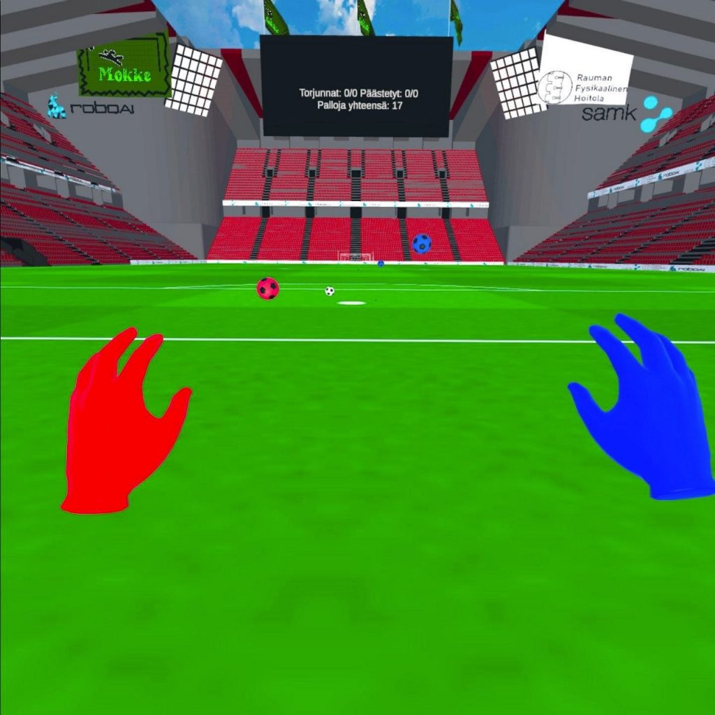 A screenshot of the game, showing the goalkeeper's red and blue hands and the grandstands in front.