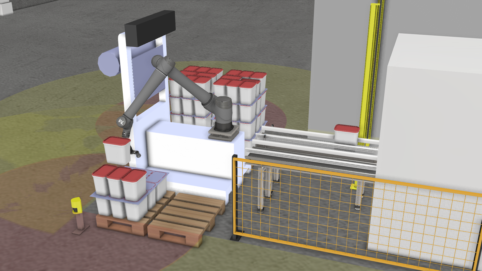 Simulaatiossa otettu kuva, jossa näkyy turvalaserskannereiden sijoittelu.