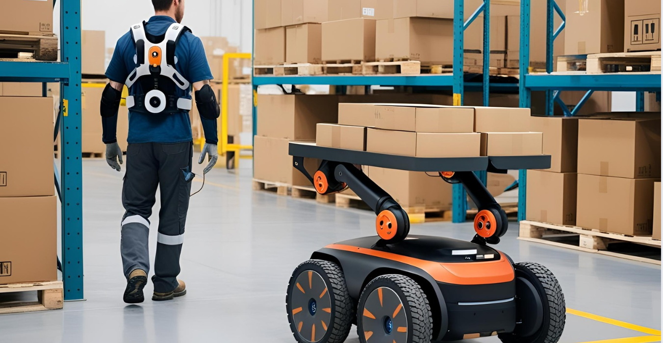 In the picture, a warehouse worker is wearing an exoskeleton and next to him a mobile robot is helping to transport parcels.