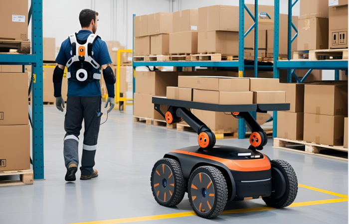 In the picture, a warehouse worker is wearing an exoskeleton and next to him a mobile robot is helping to transport parcels.