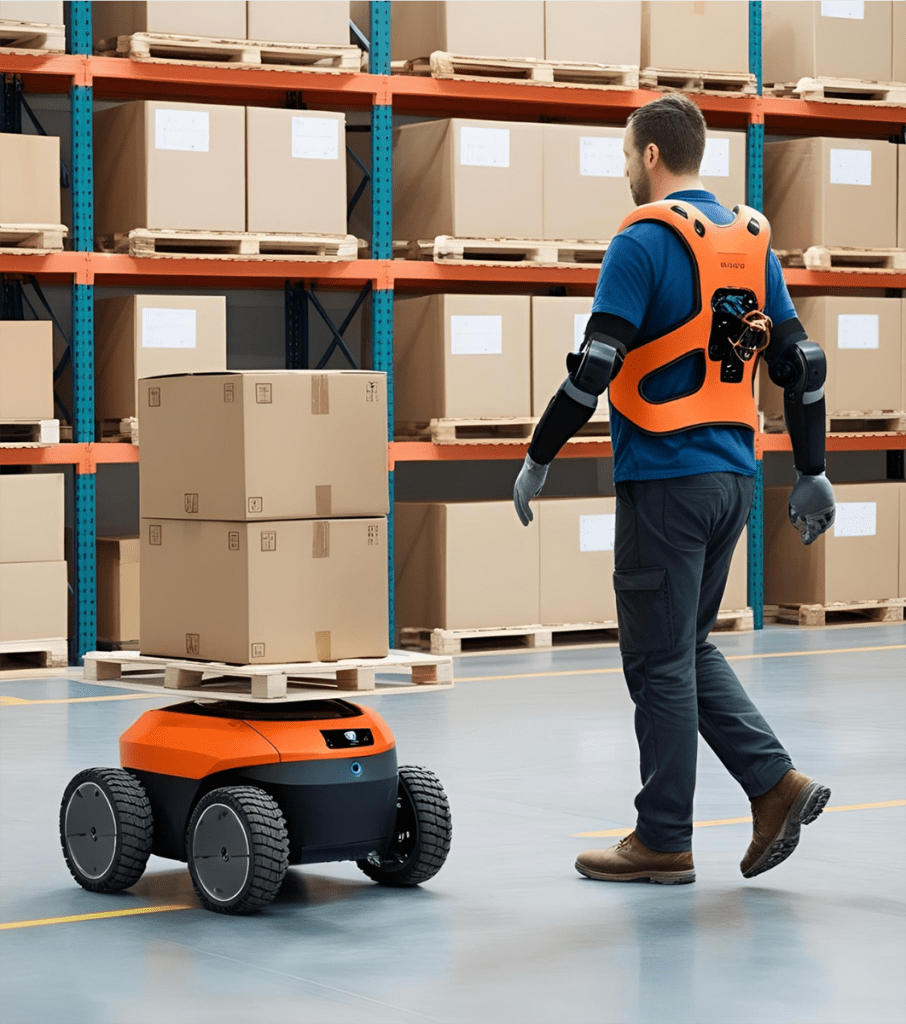 In the picture, a warehouse worker is wearing an exoskeleton scaffolding and a mobile robot is transporting boxes next to him.