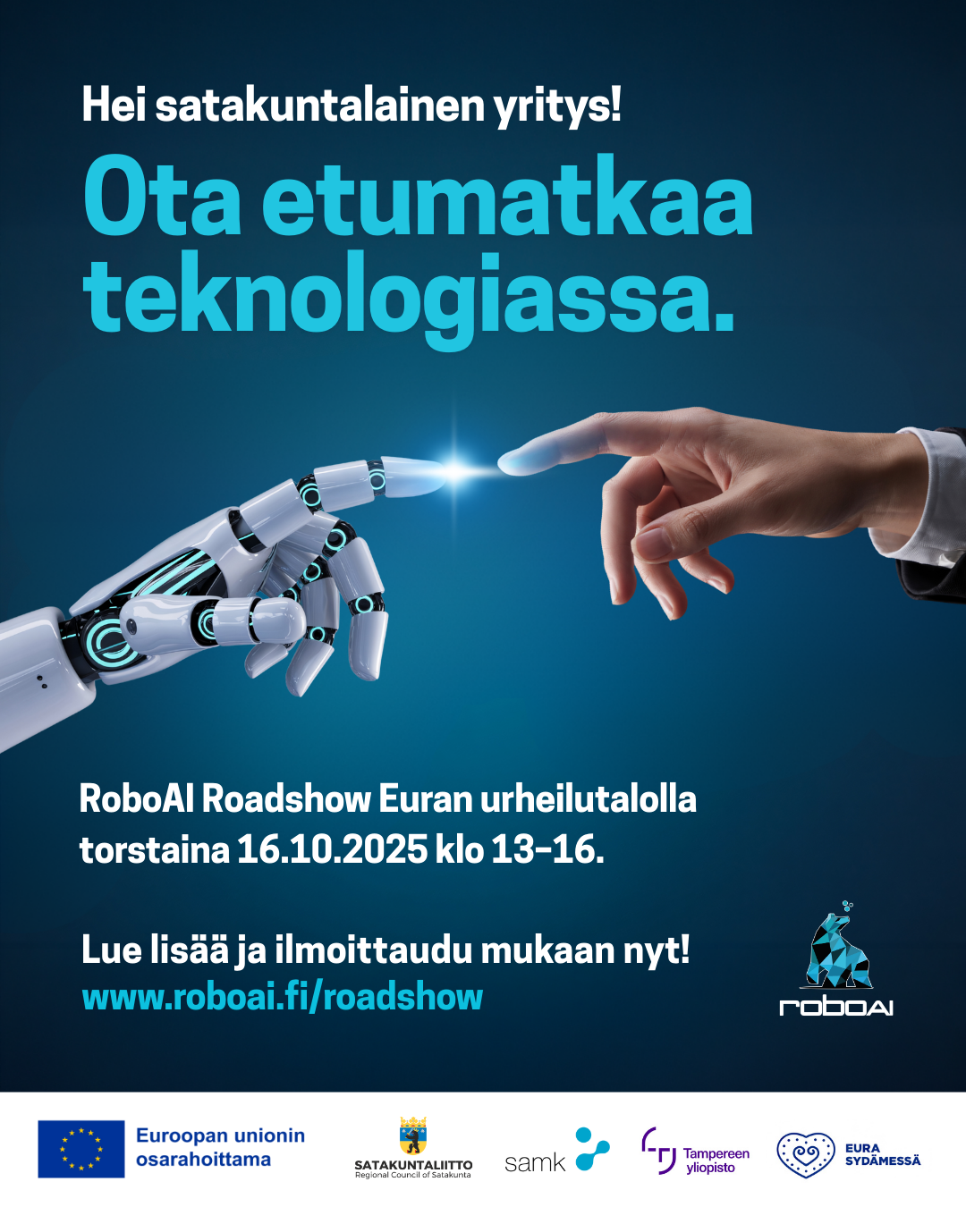 Mainos RoboAI Roadshow goes Aura -tapahtumasta, missä ihmisen ja robotin kädet kohtaavat.