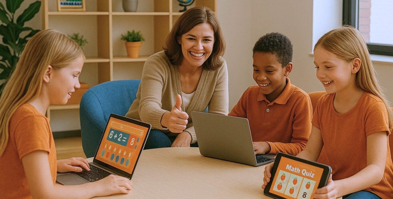 In this AI-generated image, an adult encourages three children with math problems.