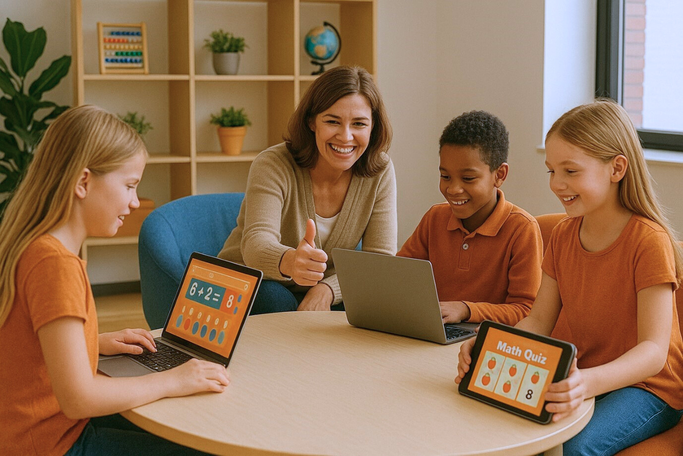 In this AI-generated image, an adult encourages three children with math problems.