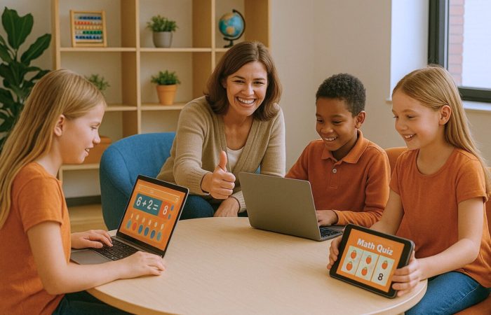 Tekoälyn tekemässä kuvassa aikuinen kannustaa kolmea lasta matemaattisissa tehtävissä.