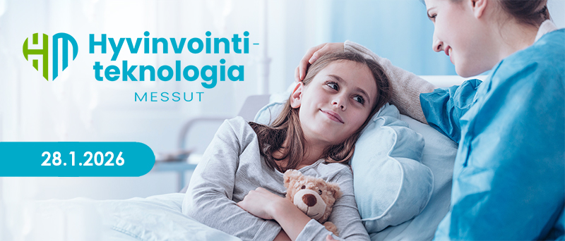 Hyvinvointiteknologiamessujen mainos, jossa on lapsi ja äiti.