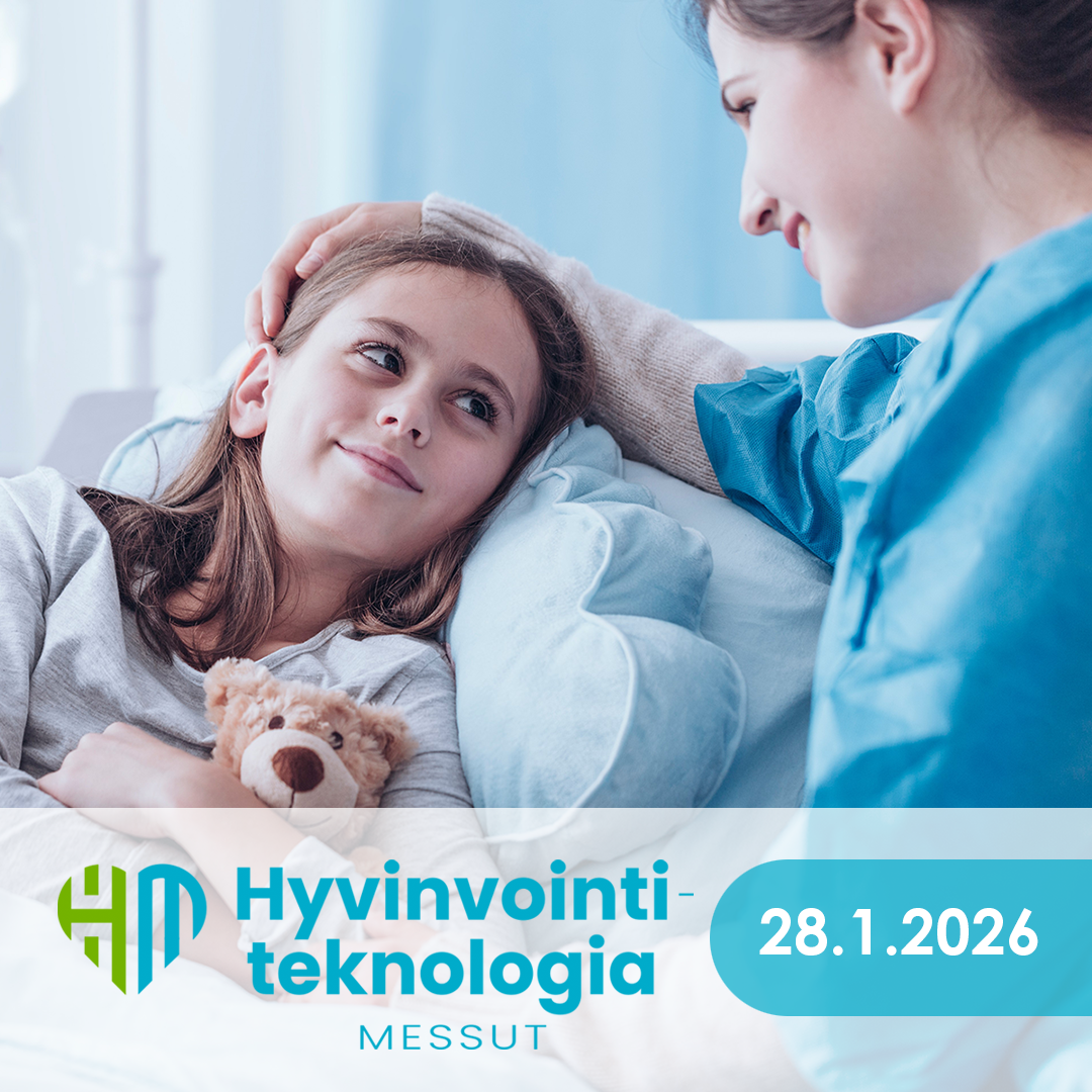 Hyvinvointiteknologiamessujen mainos, jossa on lapsi ja äiti.