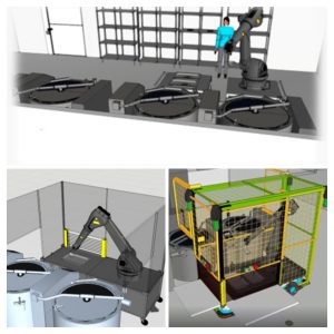 Collage of screenshots from simulation software.