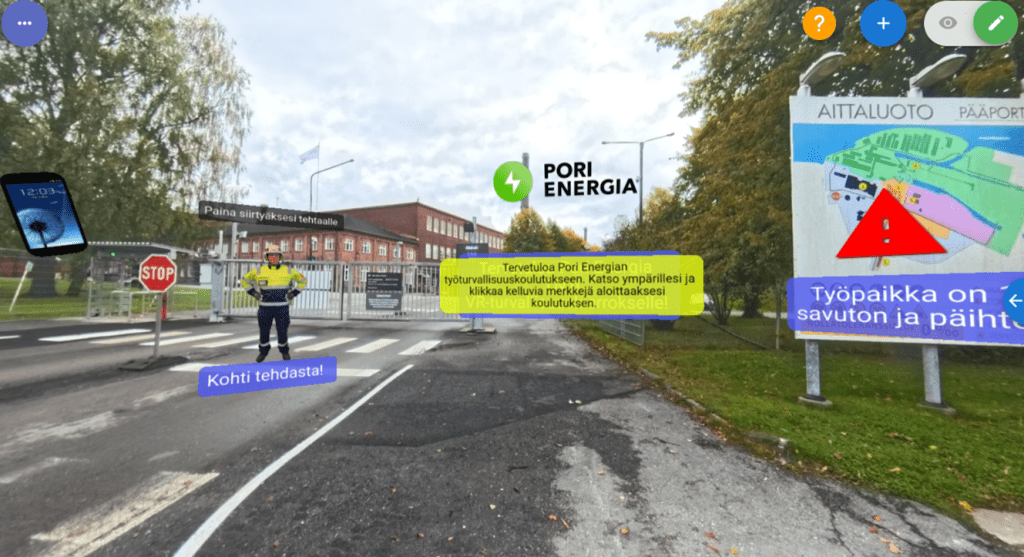 Havainnekuva Pori Energian porteilta, jossa kuvaan on liitetty havainnollistavia elementtejä järjestelmän toiminnasta.