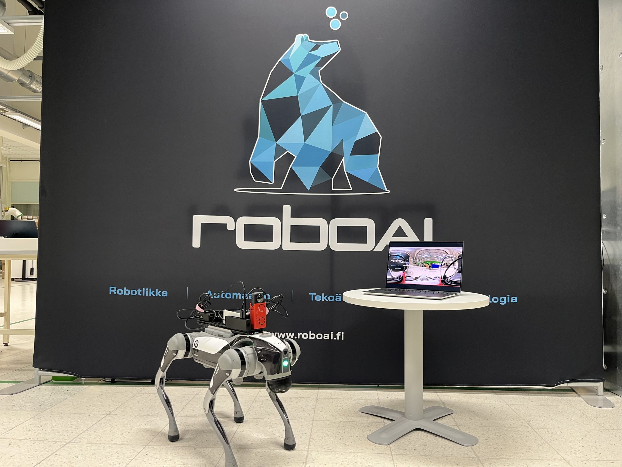 Robottikoira poseeraa kameralle, vieressä kannettavatietokone matalalla pöydällä, jonka näytöllä näkyy videokuvaa.