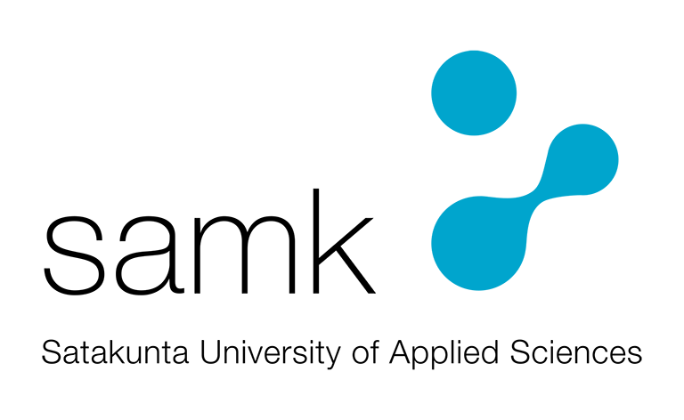 Samk logo with blue symbol and black text