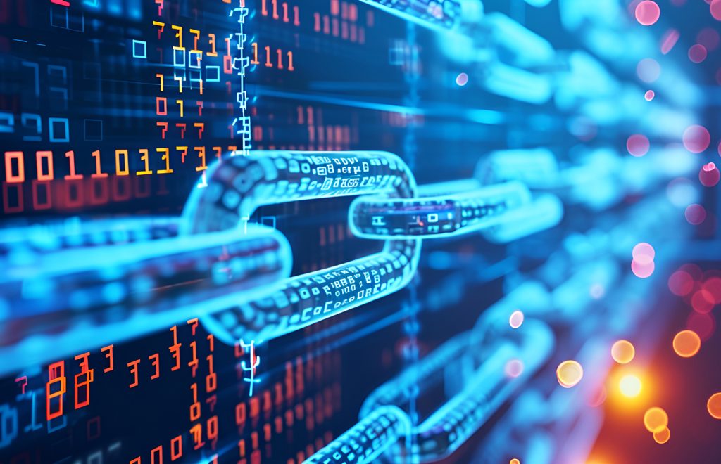 A graphic depicting a digital chain with binary code and light highlights.