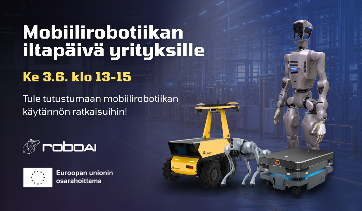 Mainoskuva, jossa robotteja ja teksti "mobiilirobotiikan iltapäivä yrityksille"