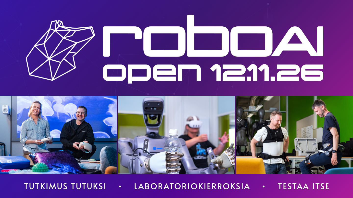 RoboAI OPEN -tapahtuman mainos, jossa valkoinen logo ja kuvia ihmisistä laboratorioympäristössä. Violetti-pinkki tausta.
