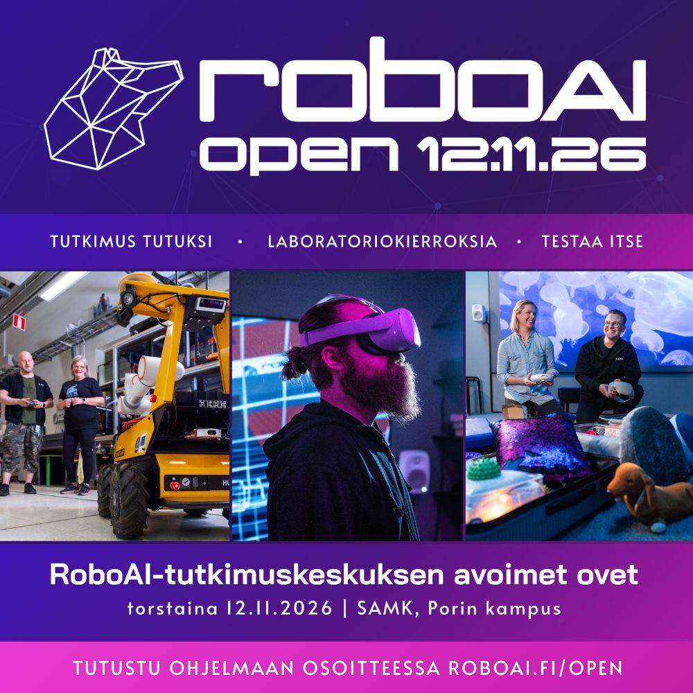 RoboAI OPEN -tapahtuman mainos, jossa valkoinen logo ja kuvia ihmisistä laboratorioympäristössä. Violetti-pinkki tausta.