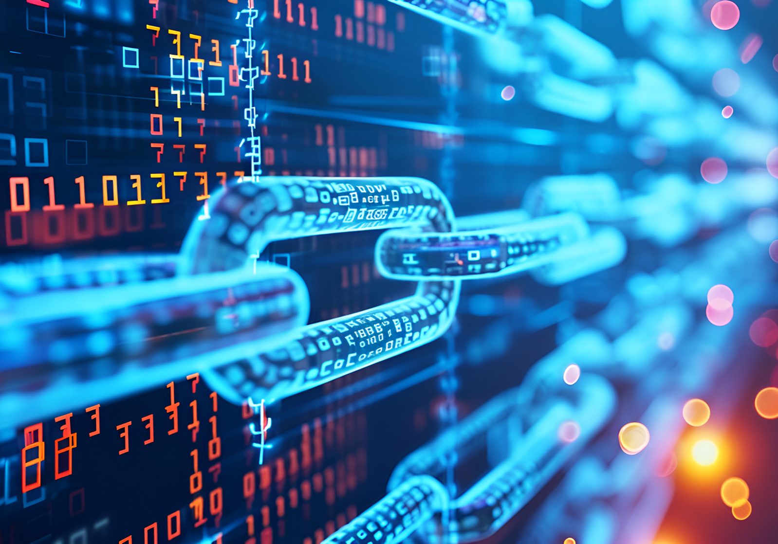 Digitaalinen ketjua esittävä grafiikka, jossa binäärikoodia ja valokorostuksia.